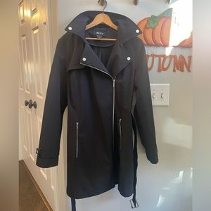 DKNY Black Trench coat with hood. Uniques zipper design. Size Medium.